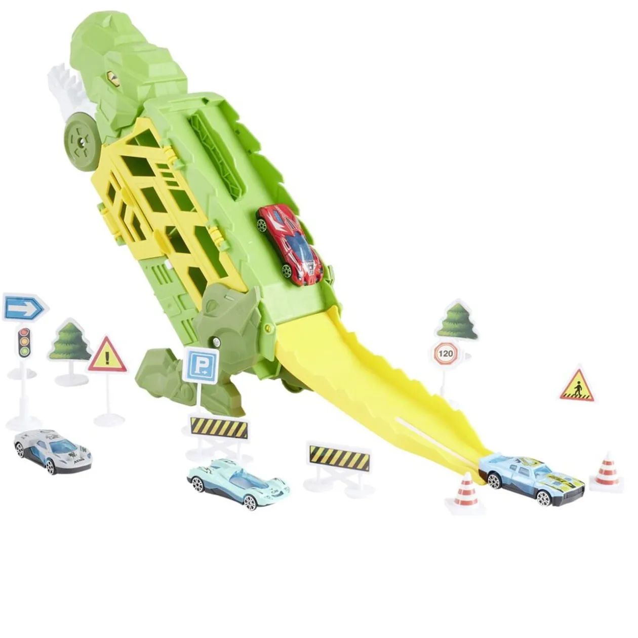 Camion transporteur dinosaure avec 4 véhicules vert 44x29xH19cm