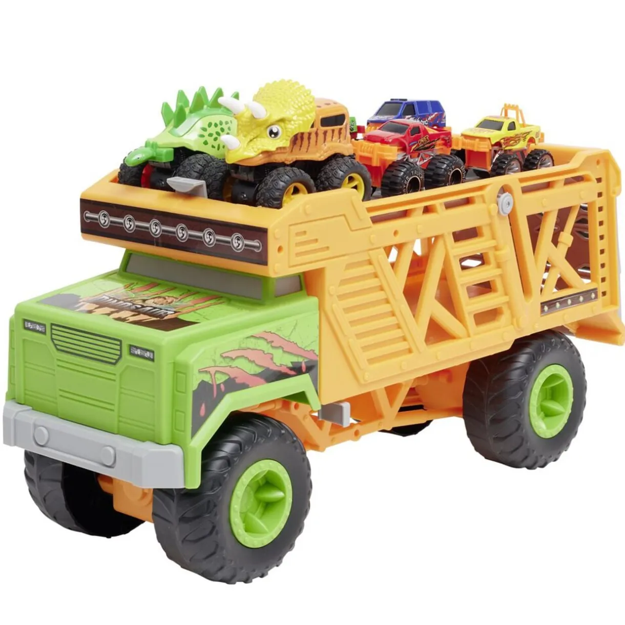 Camion transport pour 8 voitures dinosaures racing 48x18xH30cm < Gifi