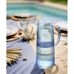 Carafe en verre nervurée bleue 14x10xH24cm