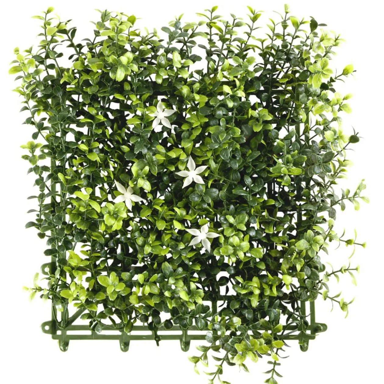 Carré végétal artificiel feuillage et fleurs blanches 25x25cm clipsable