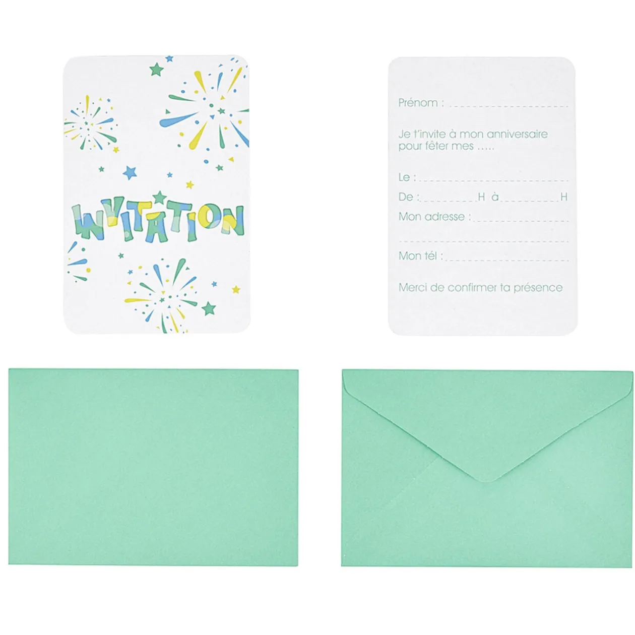 Carte d'invitation feux d'artifice avec enveloppe x 8