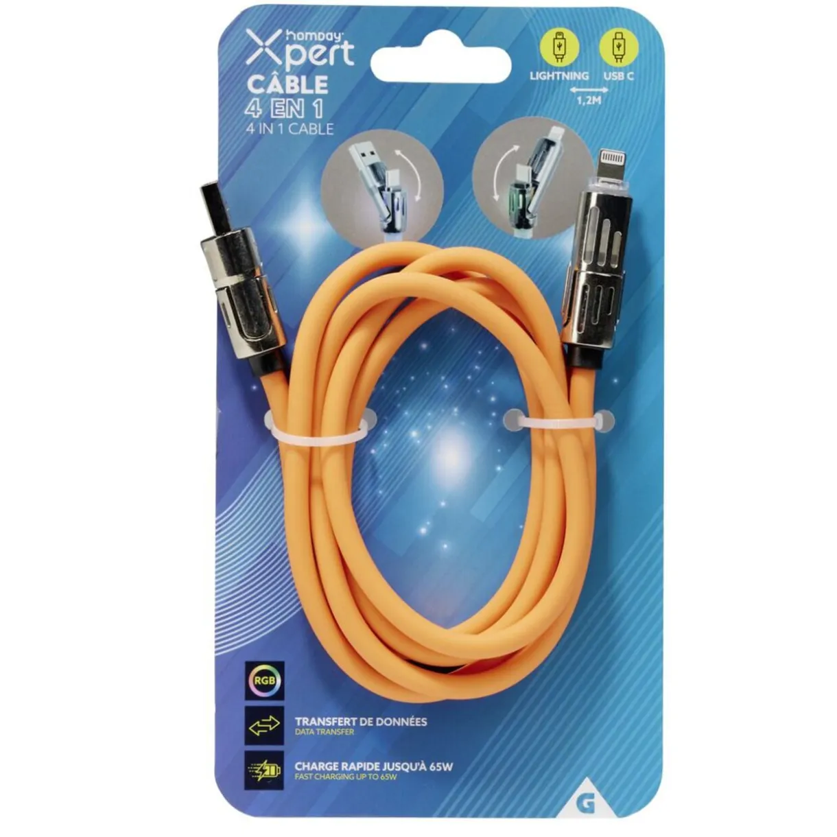 Câble lumineux lightning USB USBC 4en1 RGB 1,2m (4 modèles) < Gifi Outlet