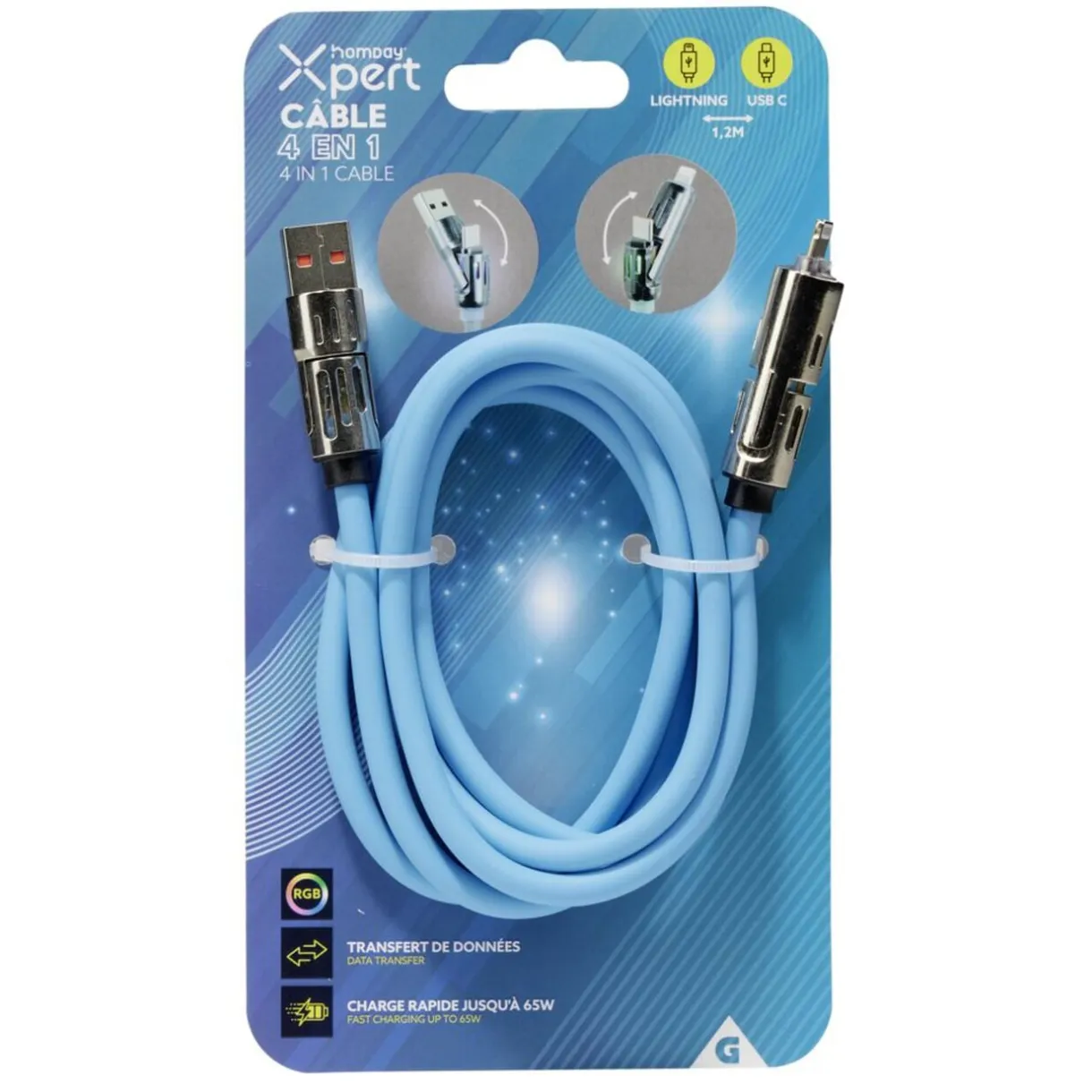 Câble lumineux lightning USB USBC 4en1 RGB 1,2m (4 modèles) < Gifi Outlet