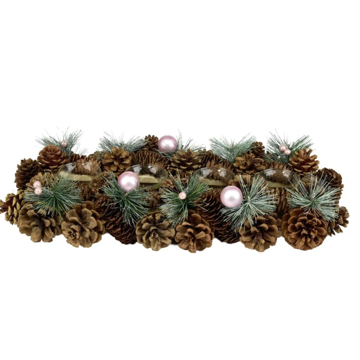 Centre de table décoration pin et boules de Noël 4 photophores bois et verre L47X17XH9 cm < Gifi Outlet
