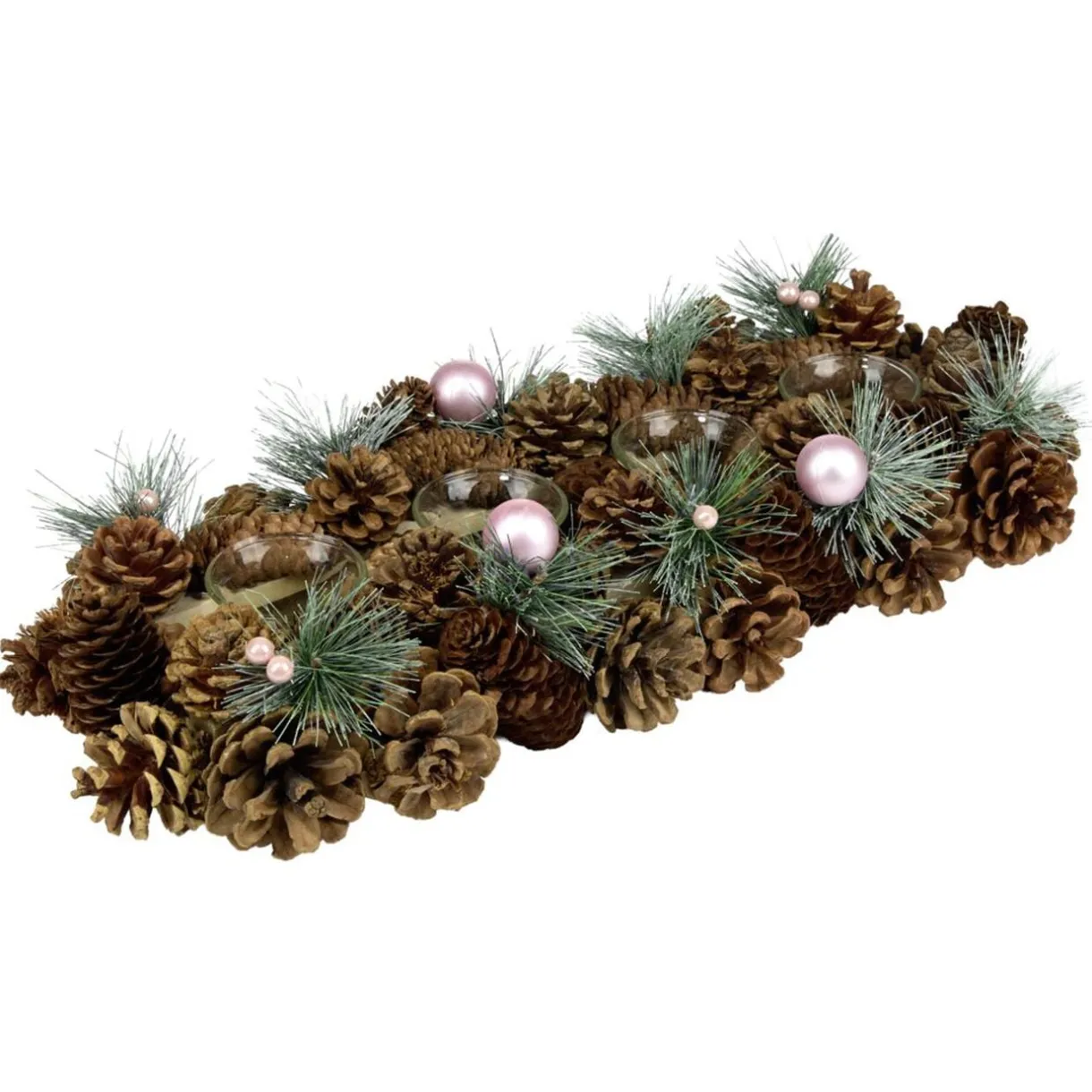 Centre de table décoration pin et boules de Noël 4 photophores bois et verre L47X17XH9 cm < Gifi Outlet