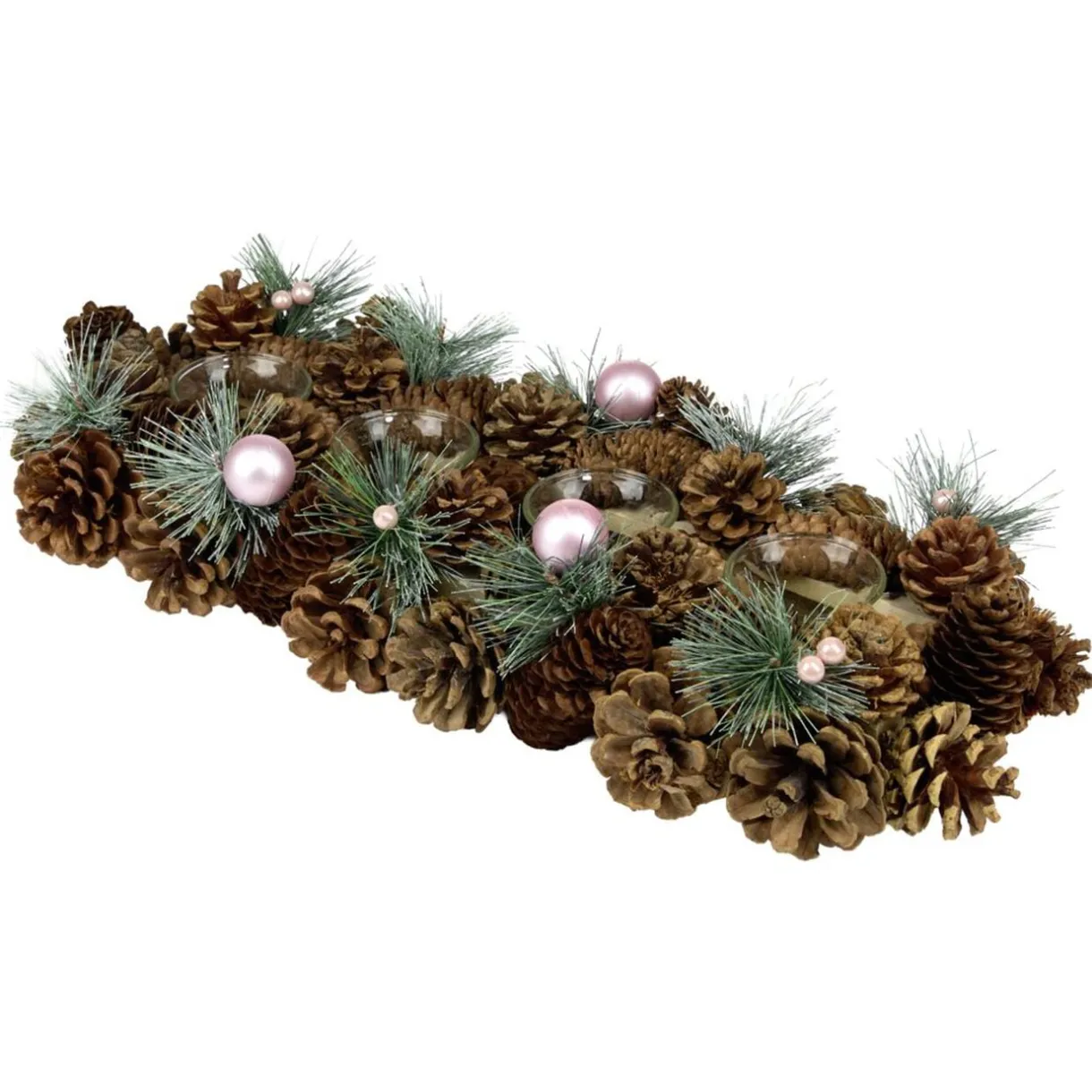 Centre de table décoration pin et boules de Noël 4 photophores bois et verre L47X17XH9 cm < Gifi Outlet