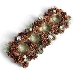 Centre de table de Noël 4 photophores pommes de pin bois L47,5X17,5XH9,5 cm < Gifi Best
