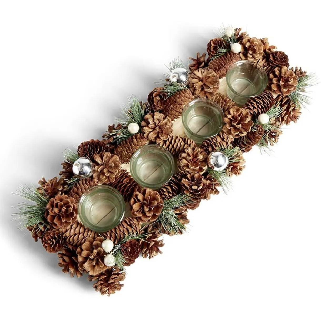 Centre de table de Noël 4 photophores pommes de pin bois L47,5X17,5XH9,5 cm < Gifi Best