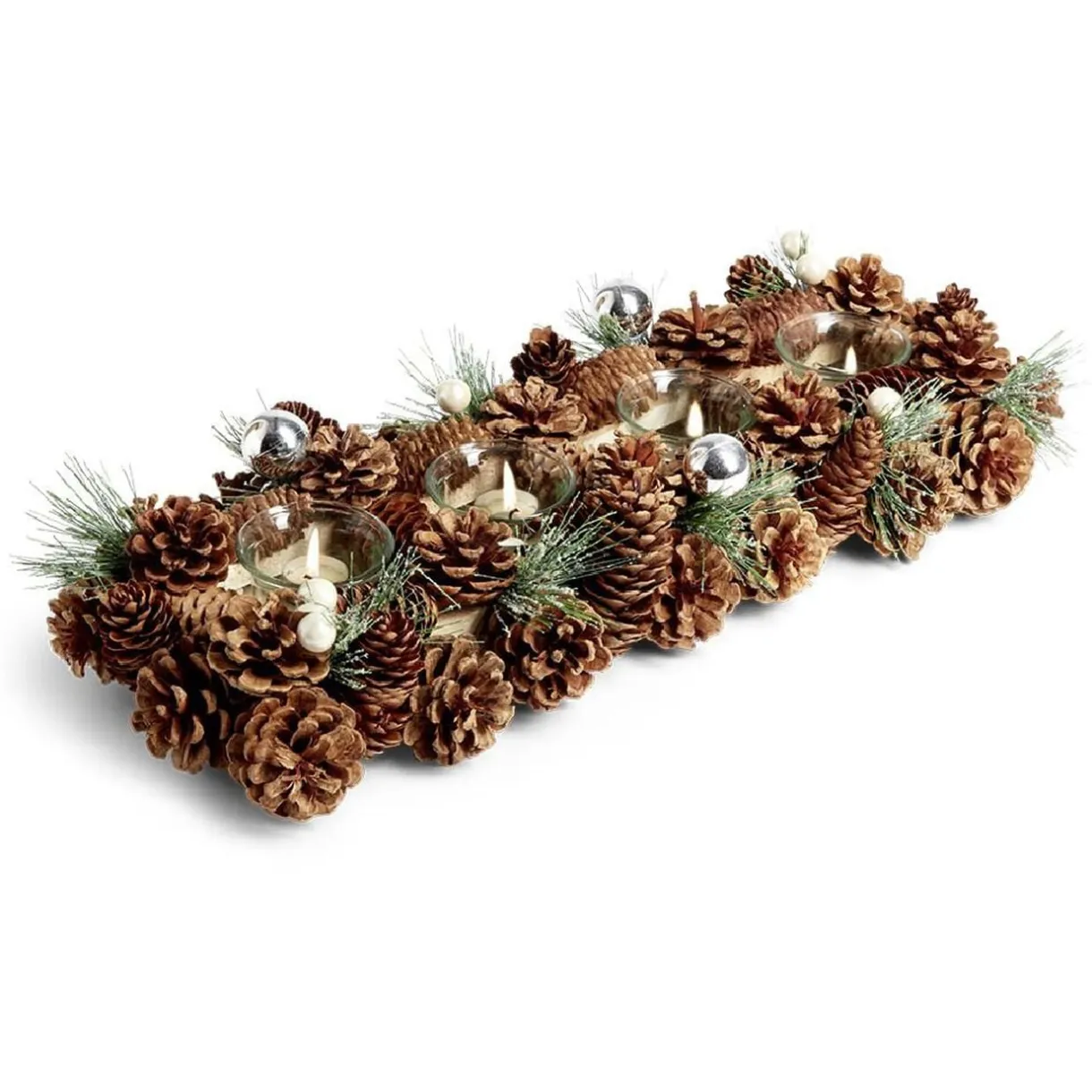 Centre de table de Noël 4 photophores pommes de pin bois L47,5X17,5XH9,5 cm < Gifi Best