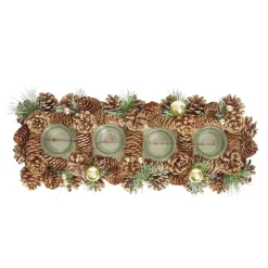 Centre de table de Noël 4 photophores pommes de pin bois L47,5X17,5XH9,5 cm < Gifi Best
