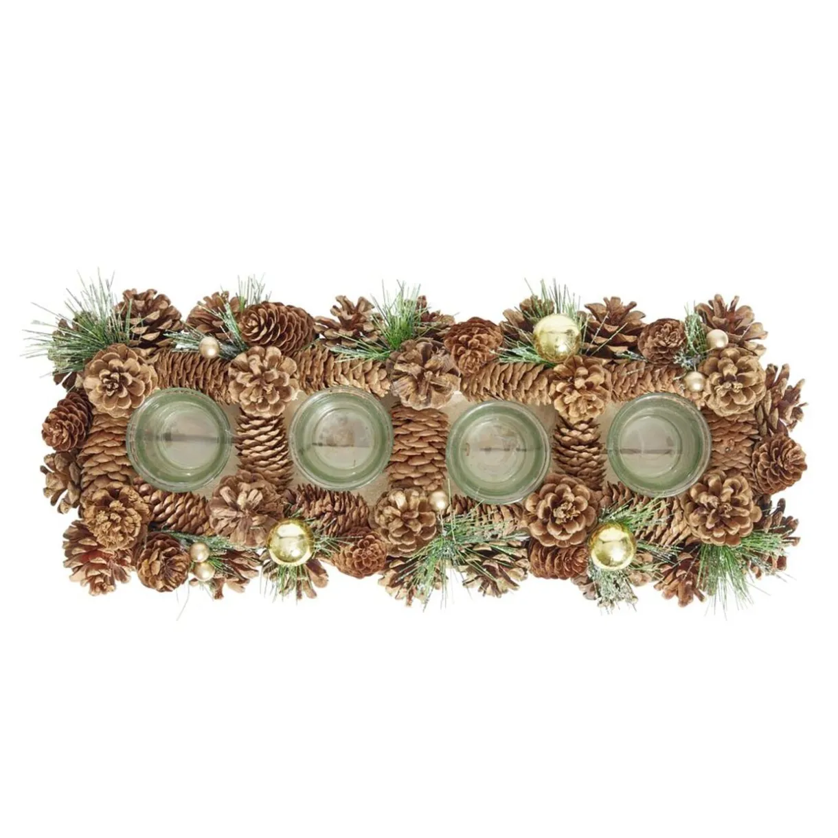 Centre de table de Noël 4 photophores pommes de pin bois L47,5X17,5XH9,5 cm < Gifi Best