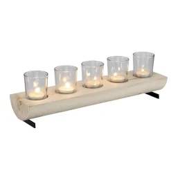 Centre de table en bois avec 5 bougeoirs en verre