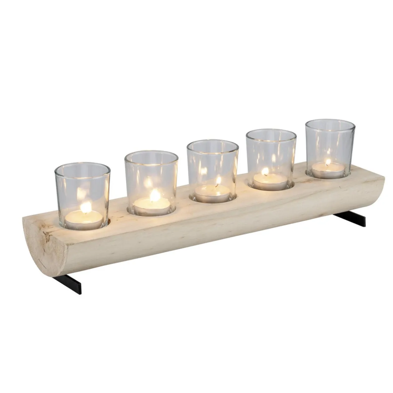 Centre de table en bois avec 5 bougeoirs en verre