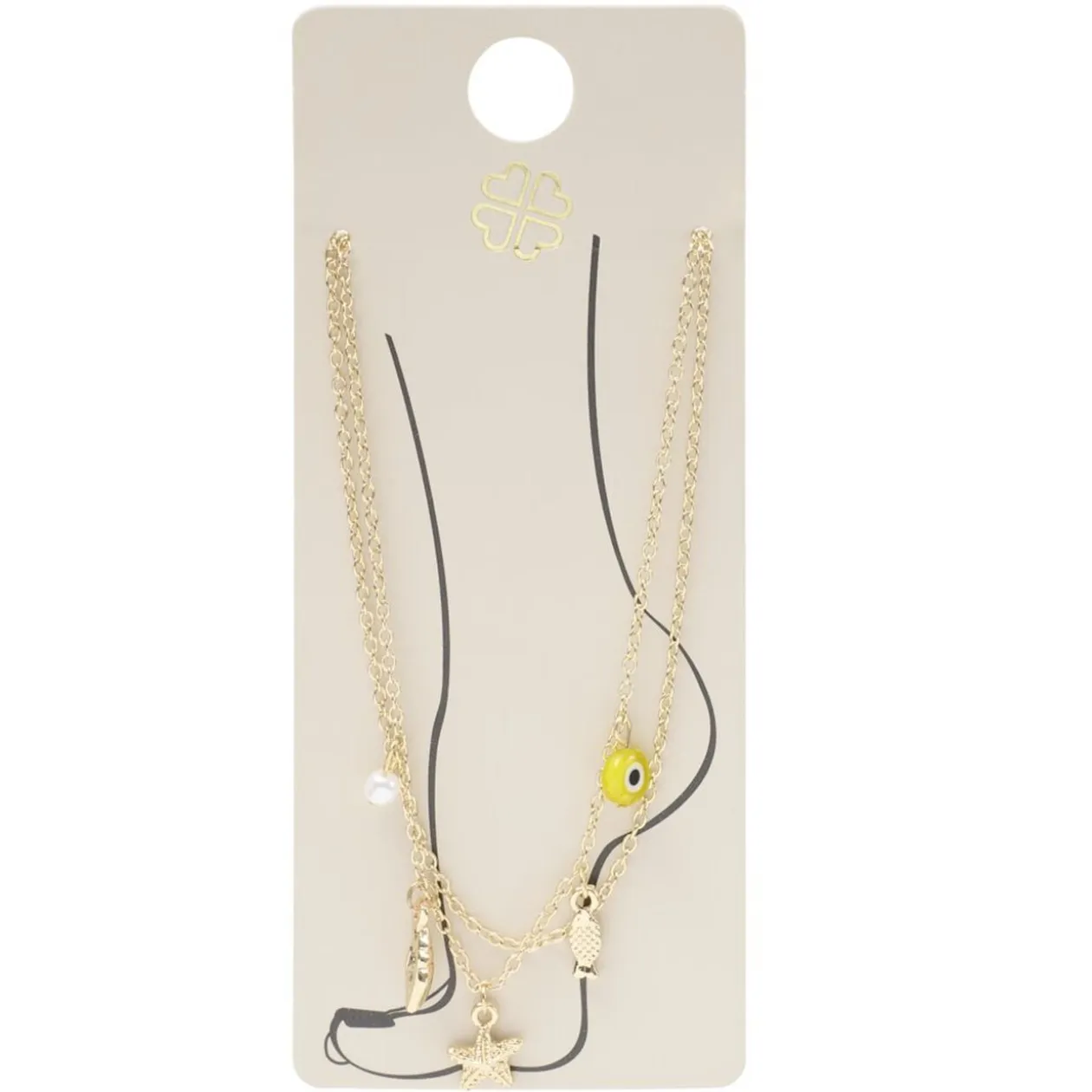 Chaîne cheville 2 rangs pampilles et perles métal doré Ø11cm
