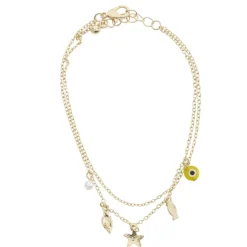 Chaîne cheville 2 rangs pampilles et perles métal doré Ø11cm