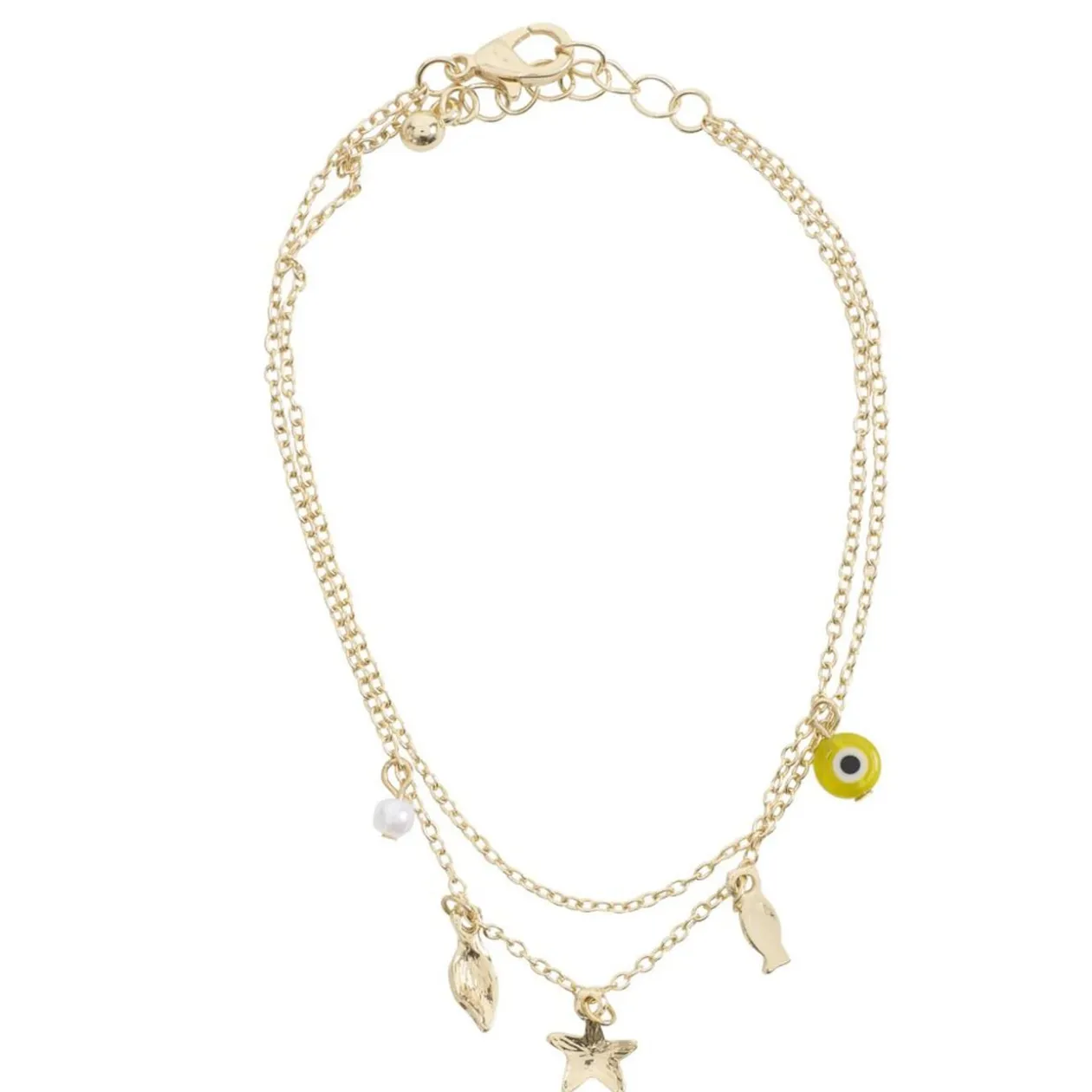 Chaîne cheville 2 rangs pampilles et perles métal doré Ø11cm