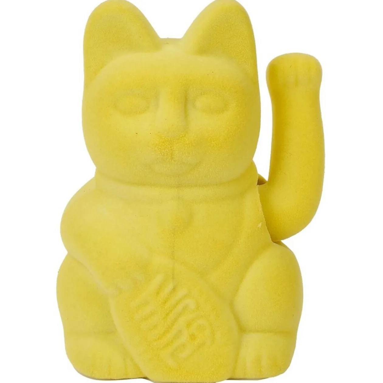 Chat porte-bonheur velours jaune 11xH15x9cm