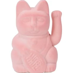 Chat porte-bonheur velours rose 11xH15x9cm