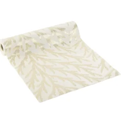 Chemin de table imitation velours imprimé branche L300X28 cm blanc et argenté