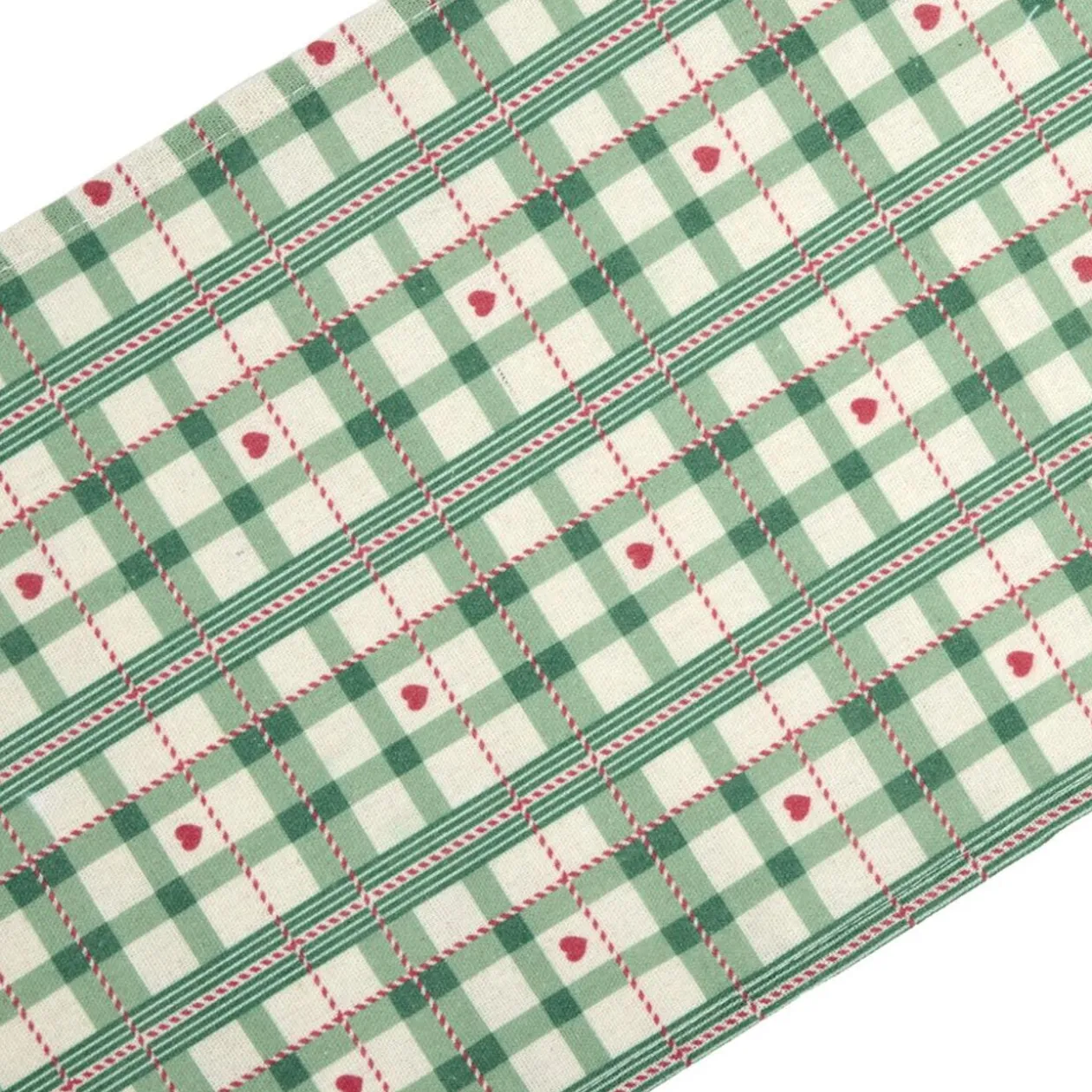 Chemin de table imprimé tartan et coeur L300X28 cm vert rouge et blanc