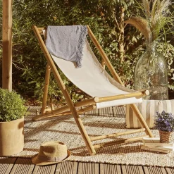 Chilienne pliante Laos bambou et tissu beige 121x60xH67cm < Gifi Outlet