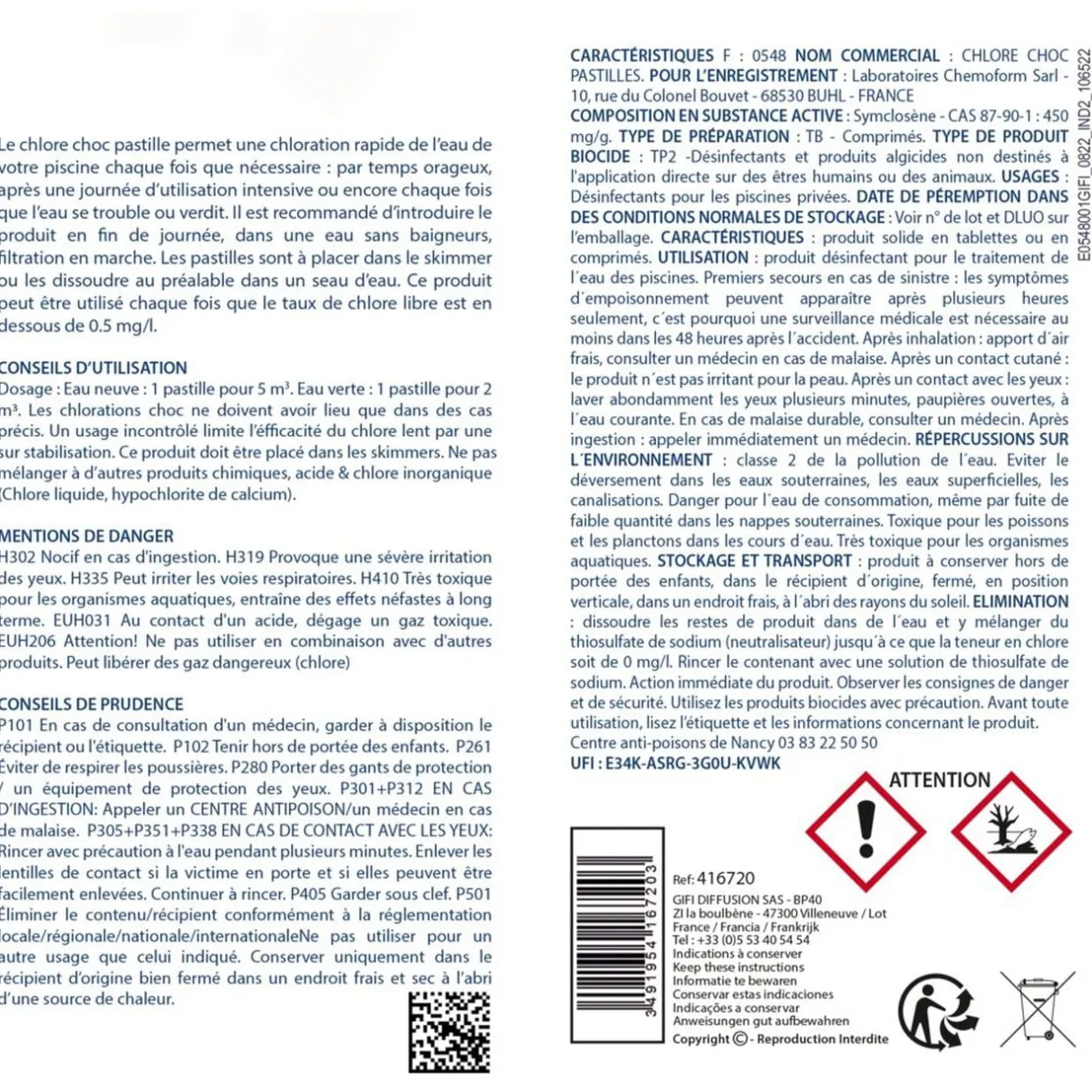 Chlore choc piscine pastilles 20g Aquaway 1kg < Gifi Sale