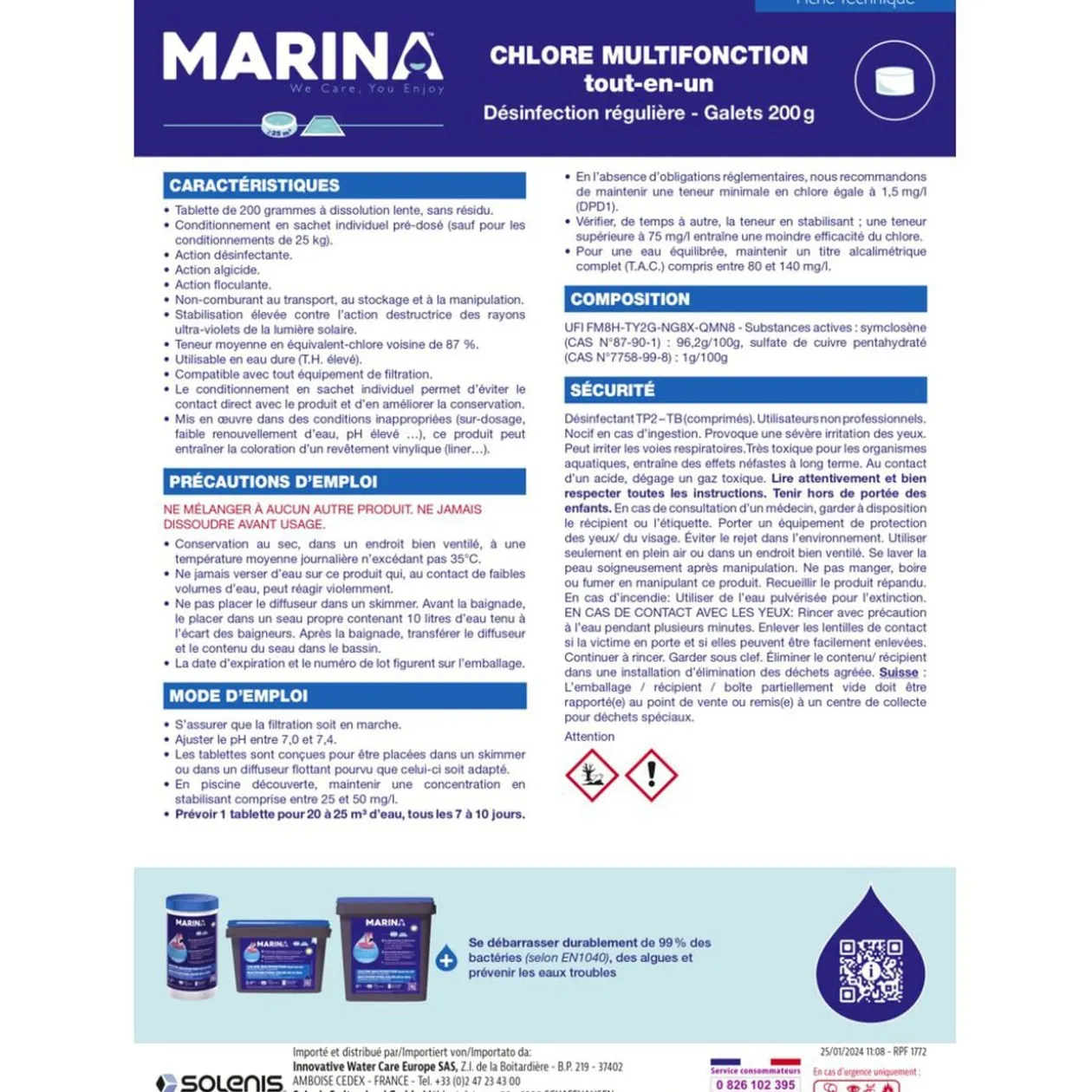 Chlore multifonctions galet 200g Marina 5kg