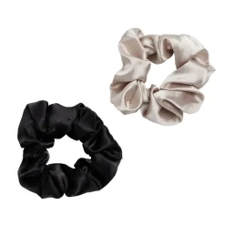 Chouchou scrunchie satiné noir uni et beige uni x2