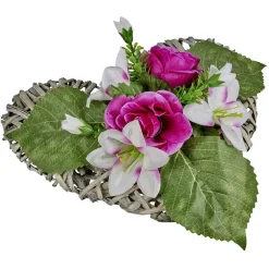 Coeur effet tressé fleur artificielle rose et lys 30x31xH16cm