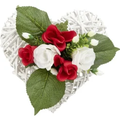 Coeur en rotin + rose artificielle rouge blanc H18 cm