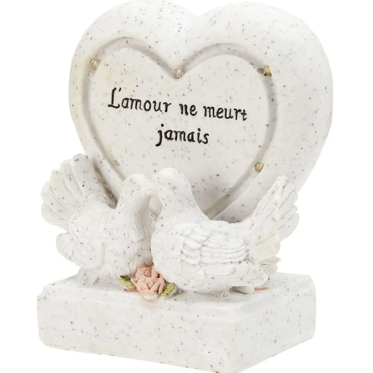 Coeur funéraire lumineux + colombe x2 en résine