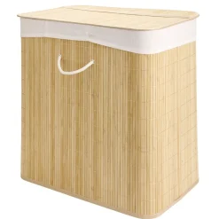 Coffre à linge 3 compartiments extérieur bambou doublure polyester beige 150L