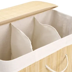 Coffre à linge 3 compartiments extérieur bambou doublure polyester beige 150L