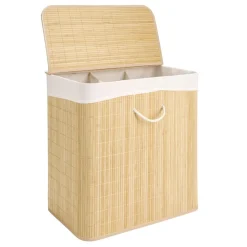 Coffre à linge 3 compartiments extérieur bambou doublure polyester beige 150L