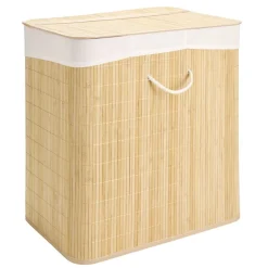 Coffre à linge 3 compartiments extérieur bambou doublure polyester beige 150L