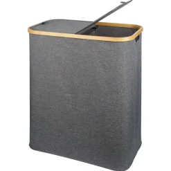 Coffre à linge double 50L bambou et tissu gris