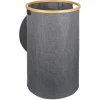 Coffre à linge rond 75L bambou et polyester gris