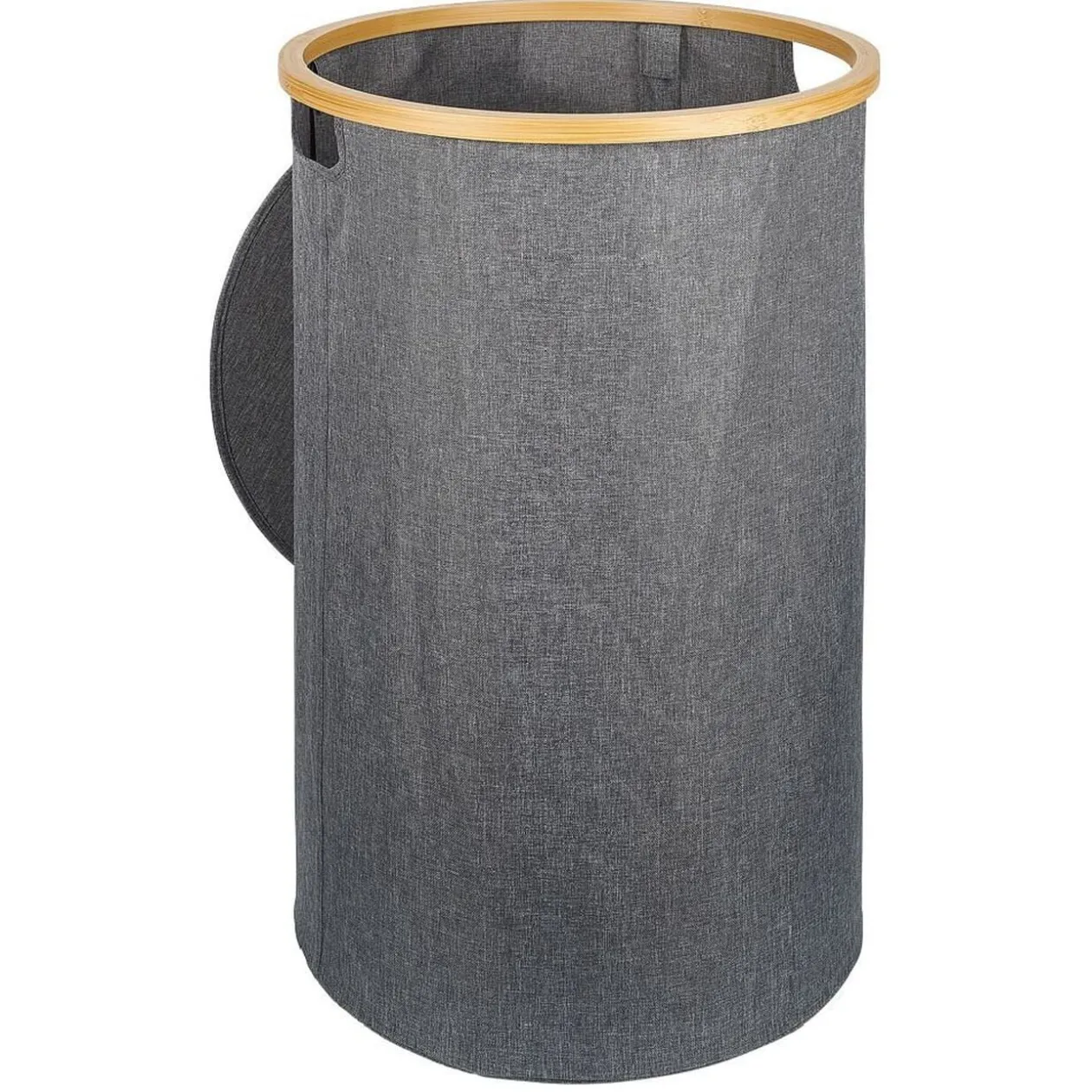 Coffre à linge rond 75L bambou et polyester gris