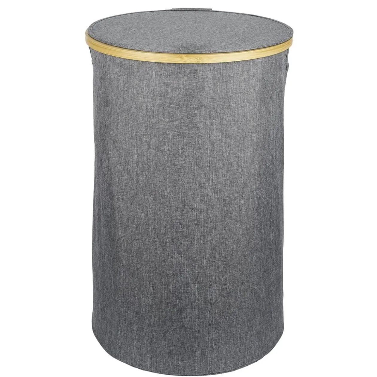 Coffre à linge rond 75L bambou et polyester gris