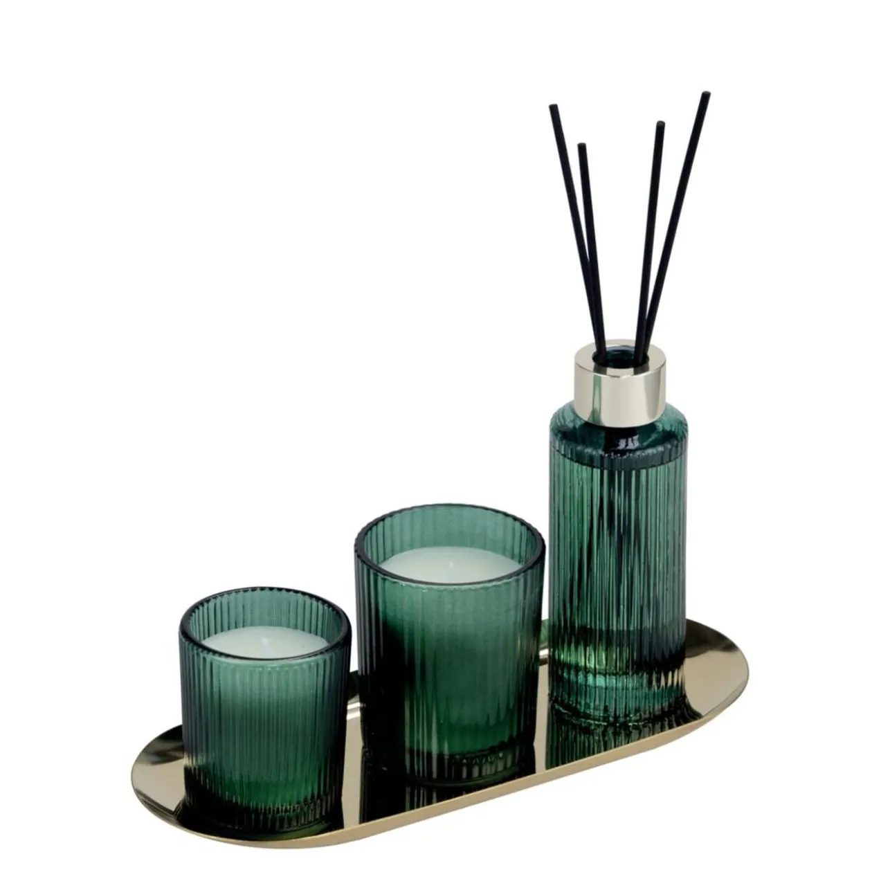 Coffret senteur bougie x2 avec diffuseur 100ml et plateau métal doré (3 modèles)