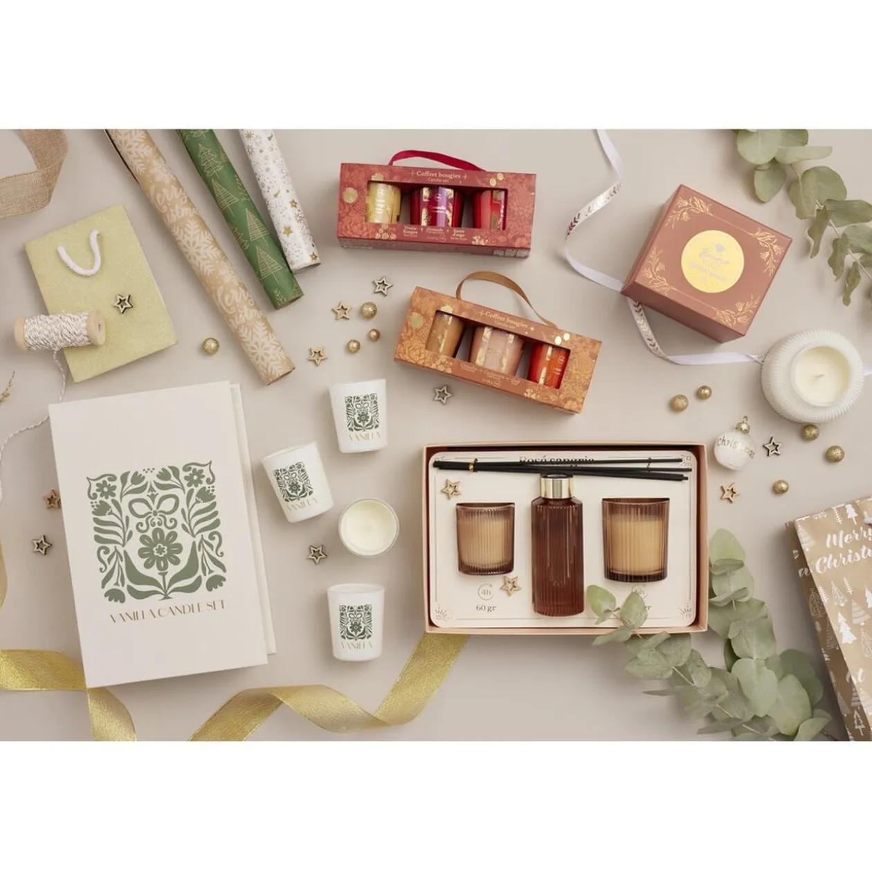 Coffret senteur bougie x2 avec diffuseur 100ml et plateau métal doré (3 modèles)