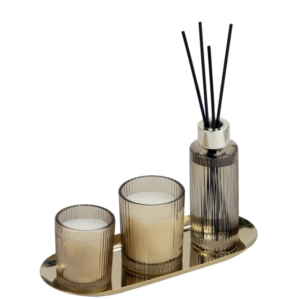 Coffret senteur bougie x2 avec diffuseur 100ml et plateau métal doré (3 modèles)