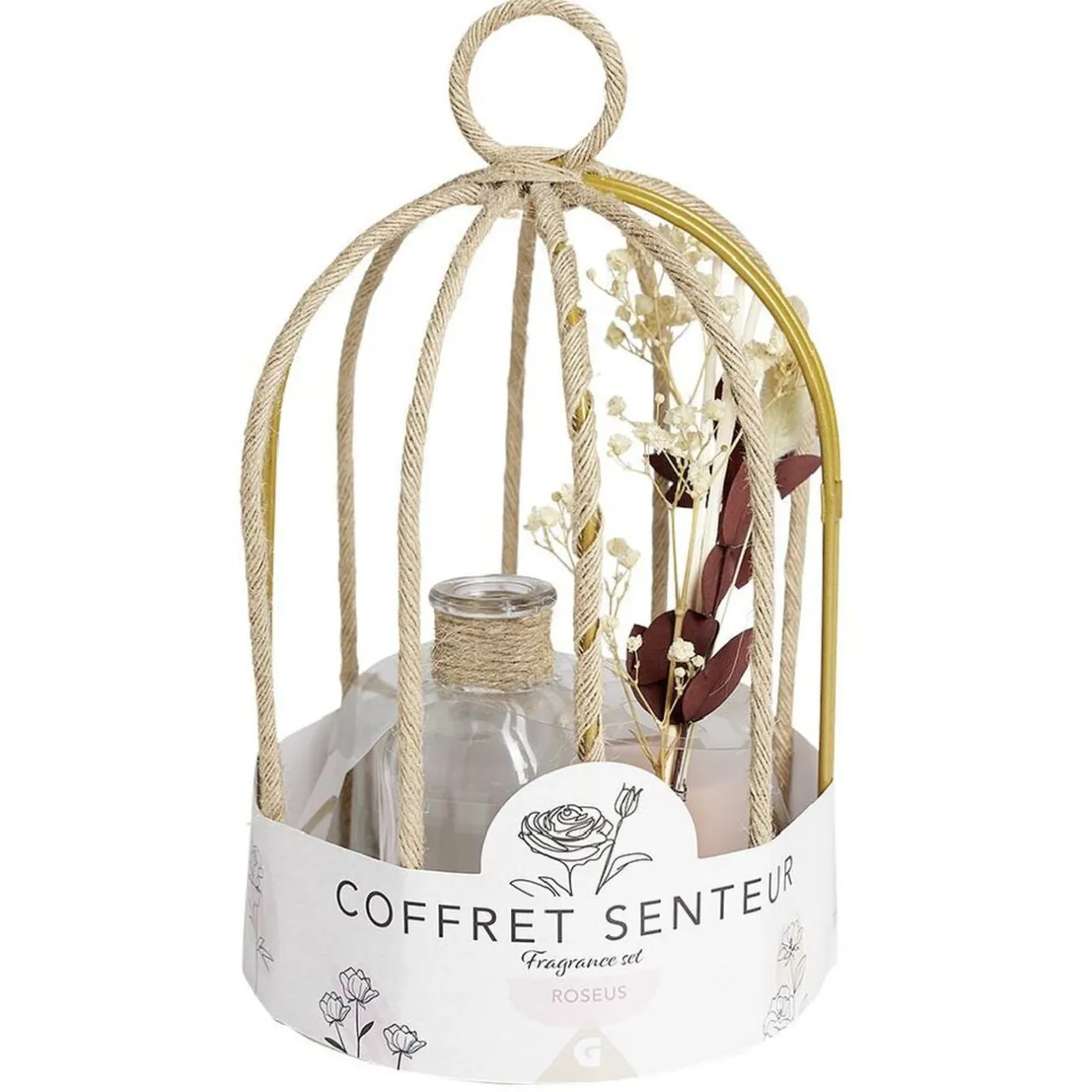 Coffret senteur cage corde fleur séchée rose Ø14xH24cm < Gifi Online