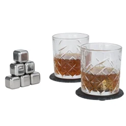 Coffret whisky 2 verres 8 glaçons inox 2 sous-verres et 1 pince 13 pièces