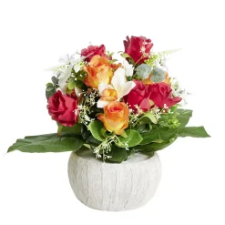 Composition florale artificielle rose orchidée bruyère orange vasque Ø40cm