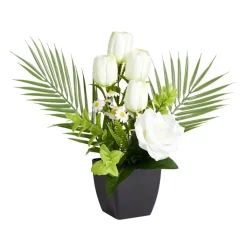 Composition florale artificielle roses et tulipes blanches pot 20x18xH34cm < Gifi Sale