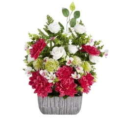 Composition florale artificielle multifleur rouge vase ciment L50xH60cm
