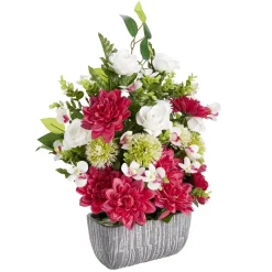 Composition florale artificielle multifleur rouge vase ciment L50xH60cm