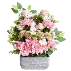 Composition florale artificielle multifleurs roses jardinière ciment L50xH60cm
