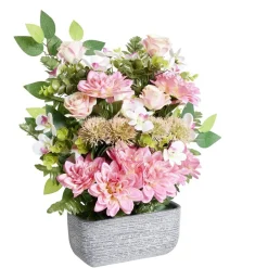 Composition florale artificielle multifleurs roses jardinière ciment L50xH60cm